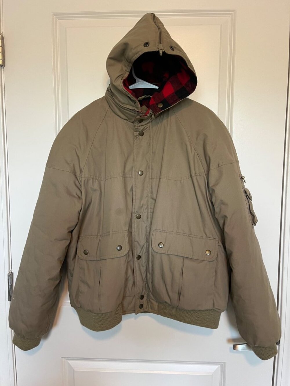Vtg Avalanche Mountain Gear Jacket Removable Hood Red Flannel Lining Khaki Sz XL